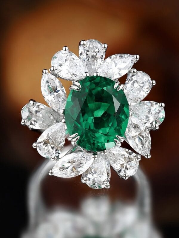 2.80Ct Green Oval Cut Solitaire Ring with Cluster Accents | Double Claw Prong Celebrity Inspired Gift Jewelry