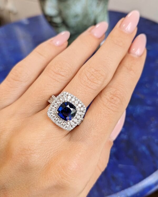 2.40Ct Blue Cushion Cut Halo Ring | Celebrity-Inspired Party Ring for Women