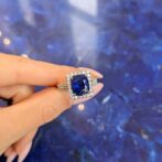 2.40Ct Blue Cushion Cut Halo Statement Ring for Women | Bold Wedding & Bridesmaid Jewelry | Elegant Micro Pave Gift Ring
