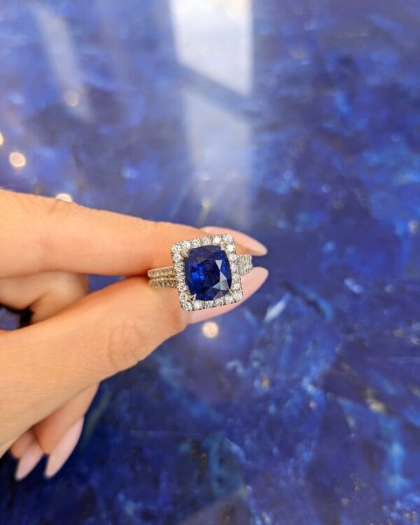 2.40Ct Blue Cushion Cut Halo Statement Ring for Women | Bold Wedding & Bridesmaid Jewelry | Elegant Micro Pave Gift Ring