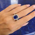 2.40Ct Blue Cushion Cut Halo Statement Ring for Women | Bold Wedding & Bridesmaid Jewelry | Elegant Micro Pave Gift Ring