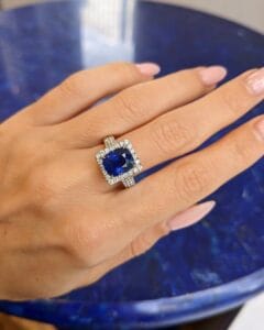2.40Ct Blue Cushion Cut Halo Statement Ring for Women | Bold Wedding & Bridesmaid Jewelry | Elegant Micro Pave Gift Ring