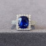 2.40Ct Blue Cushion Cut Halo Statement Ring for Women | Bold Wedding & Bridesmaid Jewelry | Elegant Micro Pave Gift Ring