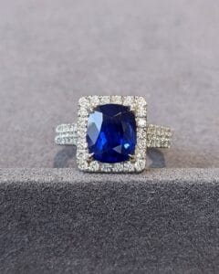 2.40Ct Blue Cushion Cut Halo Statement Ring for Women | Bold Wedding & Bridesmaid Jewelry | Elegant Micro Pave Gift Ring