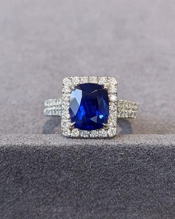 2.40Ct Blue Cushion Cut Halo Statement Ring for Women | Bold Wedding & Bridesmaid Jewelry | Elegant Micro Pave Gift Ring