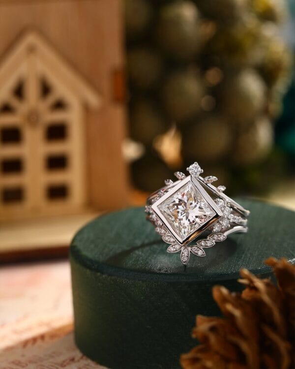 2Ct White Princess Cut Bezel Set Bridal Ring Set | Enhancer Wedding Band with Solitaire | Luxury Jewelry Gift for Women