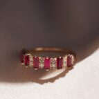 Red Baguette & White Round Cut Half Eternity Band | Anniversary & Birthday Gift Ring for Wife
