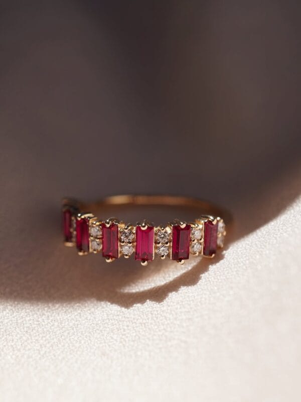 Red Baguette & White Round Cut Half Eternity Band | Anniversary & Birthday Gift Ring for Wife