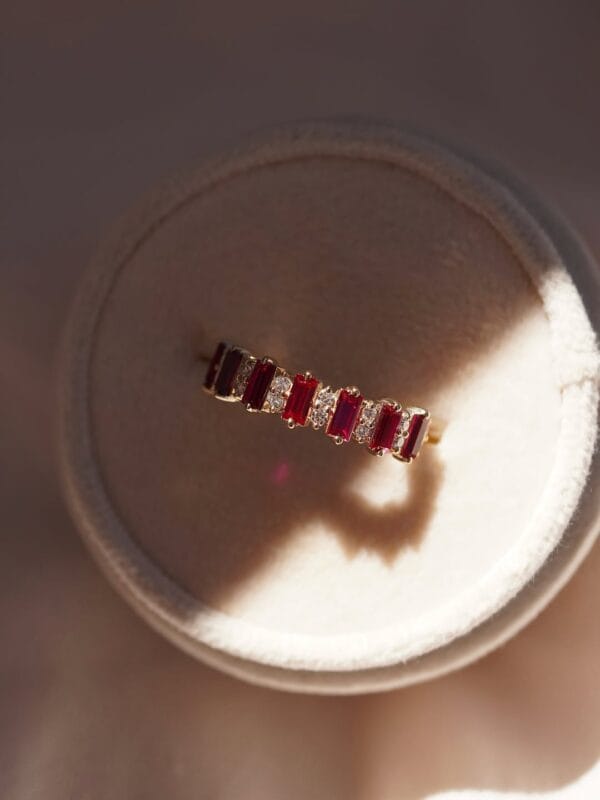 Red Baguette & White Round Cut Half Eternity Band | Anniversary & Birthday Gift Ring for Wife