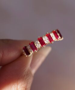 Red Baguette & White Round Cut Half Eternity Band | Anniversary & Birthday Gift Ring for Wife