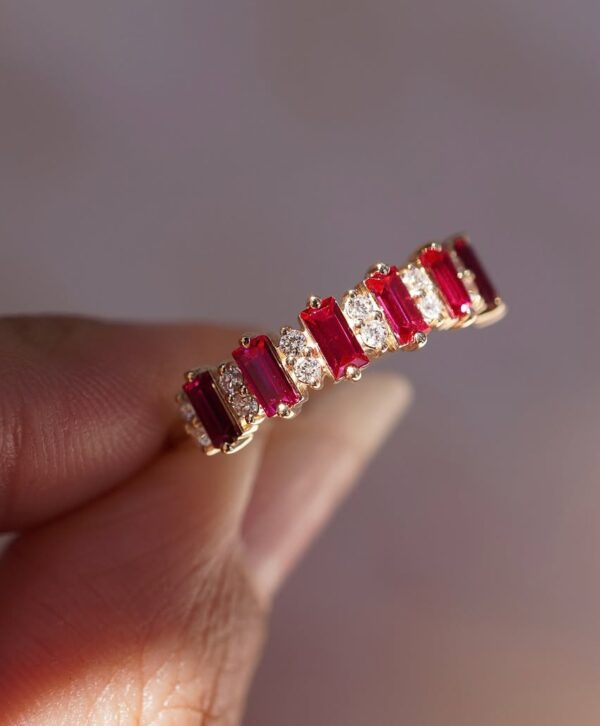 Red Baguette & White Round Cut Half Eternity Band | Anniversary & Birthday Gift Ring for Wife