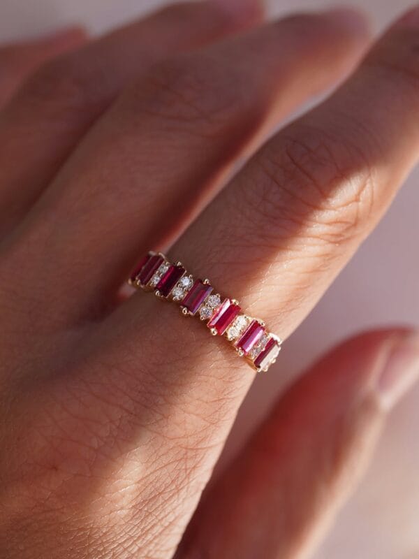 Red Baguette & White Round Cut Half Eternity Band | Anniversary & Birthday Gift Ring for Wife