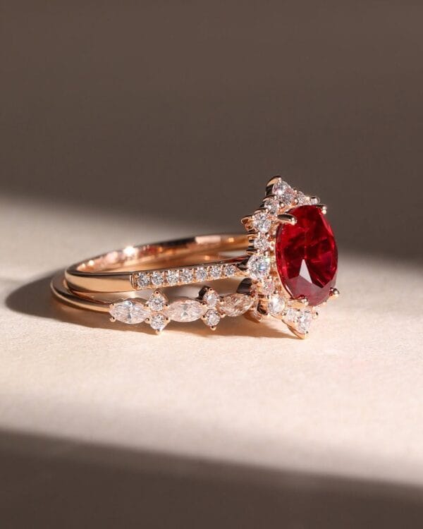 1.80Ct Red Oval Cut Halo Ring Set | Anniversary & Forever Gift Jewelry For Wife