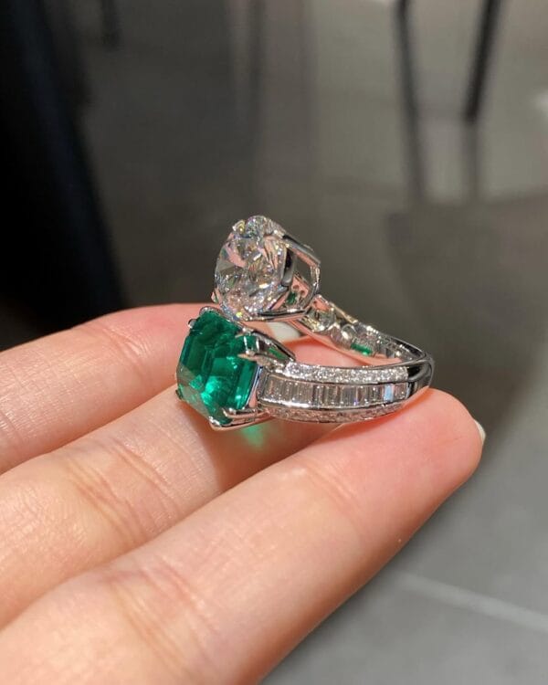 White Round & Green Emerald Cut Two-Stone Bypass Ring | Celebrity Style Special Occasion Gift for Her