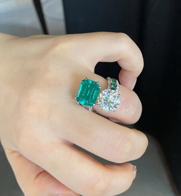 White Round & Green Emerald Cut Two-Stone Bypass Ring | Celebrity Style Special Occasion Gift for Her