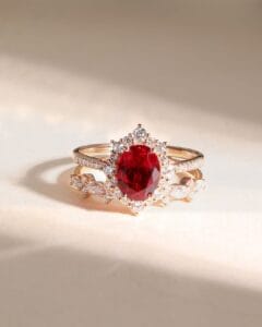 1.80Ct Red Oval Cut Halo Ring Set | Anniversary & Forever Gift Jewelry For Wife