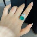 White Round & Green Emerald Cut Two-Stone Bypass Ring | Celebrity Style Special Occasion Gift for Her