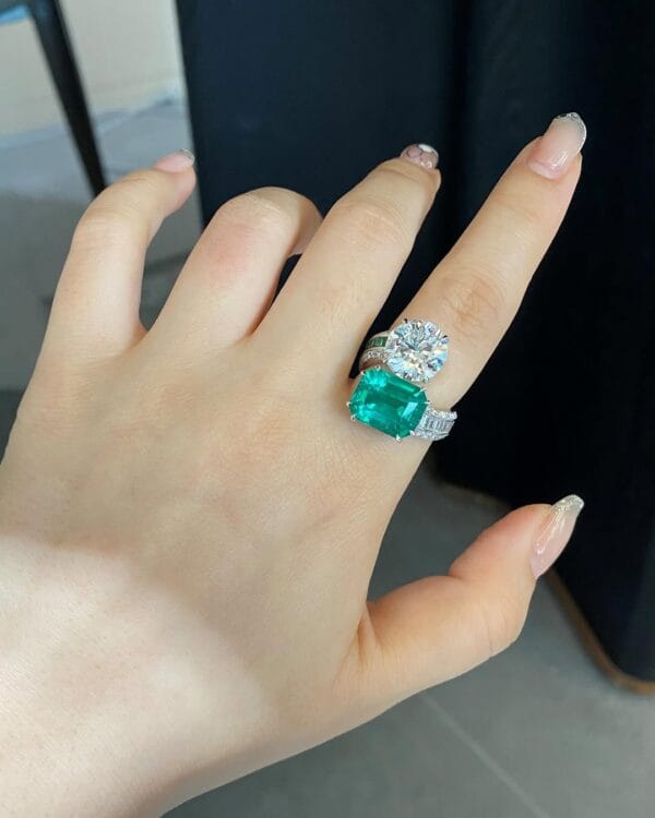 White Round & Green Emerald Cut Two-Stone Bypass Ring | Celebrity Style Special Occasion Gift for Her
