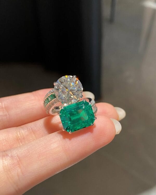 White Round & Green Emerald Cut Two-Stone Bypass Ring | Celebrity Style Special Occasion Gift for Her