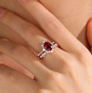 1.80Ct Red Oval Cut Halo Ring Set | Anniversary & Forever Gift Jewelry For Wife