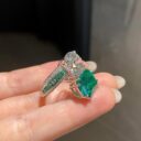 White Round & Green Emerald Cut Two-Stone Bypass Ring | Celebrity Style Special Occasion Gift for Her