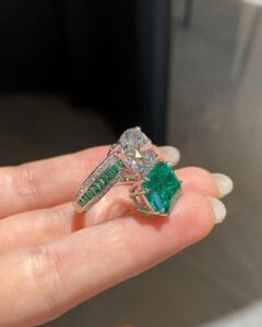 White Round & Green Emerald Cut Two-Stone Bypass Ring | Celebrity Style Special Occasion Gift for Her